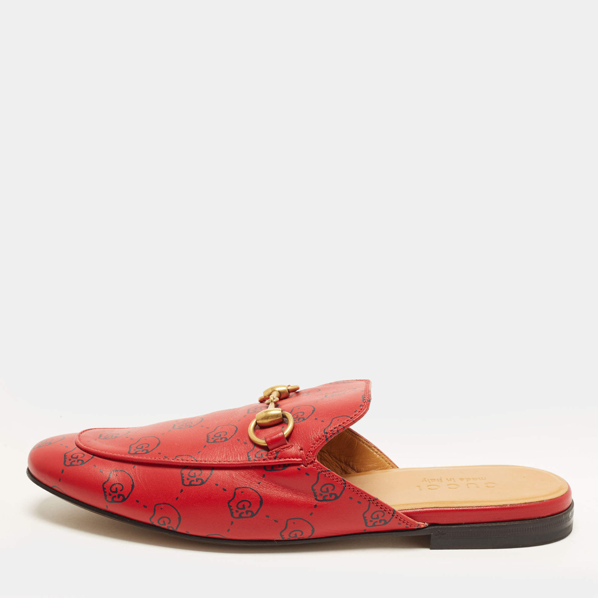 Pre Owned Gucci Princetown Size 40 Red GG Ghost Print Leather Horsebit Flat Mules