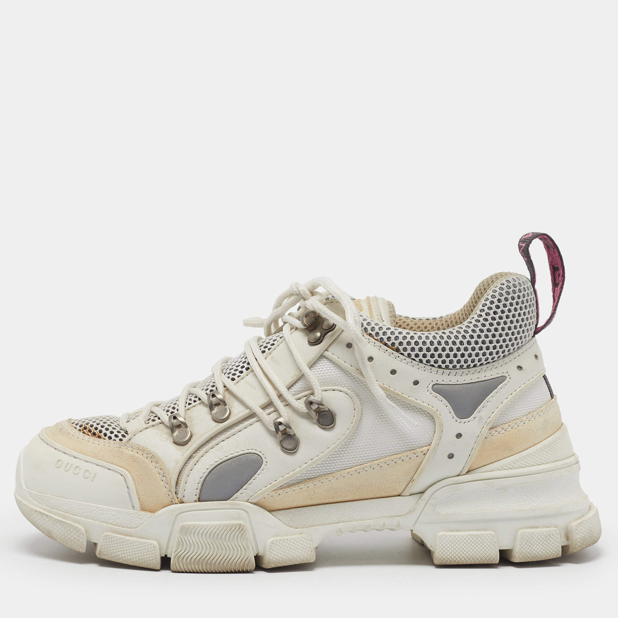Pre Owned Gucci Flashtrek Size 40.5 White/Beige Leather and Mesh Chunky Lace Up Sneakers