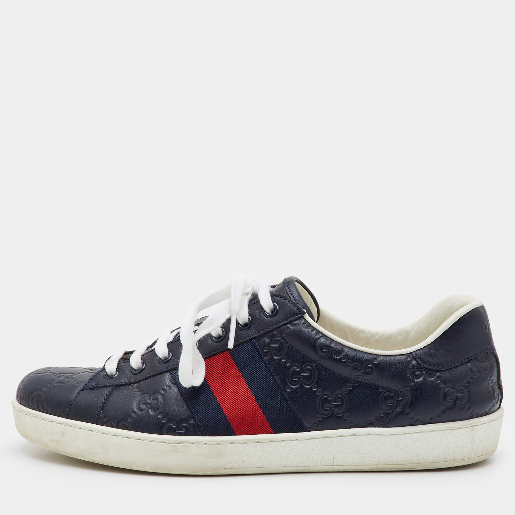 Pre Owned Gucci Ace Web Size 41.5 Navy Blue Guccissima Leather Low Top Sneakers