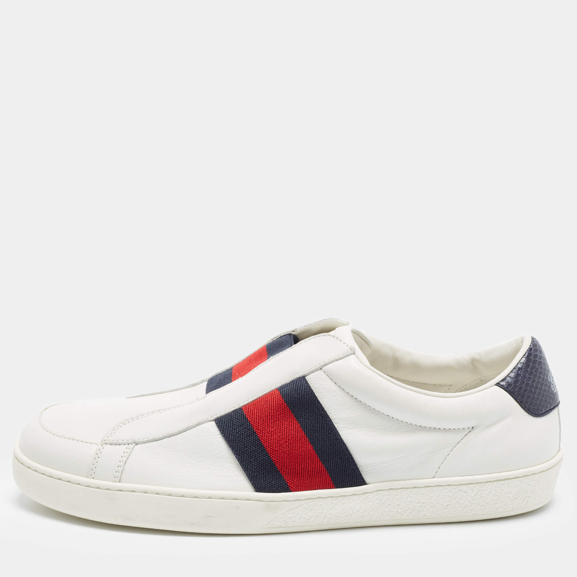 Pre Owned Gucci Ace Size 42.5 White/Navy Blue  Leather and Snakeskin Leather Low Top Sneakers