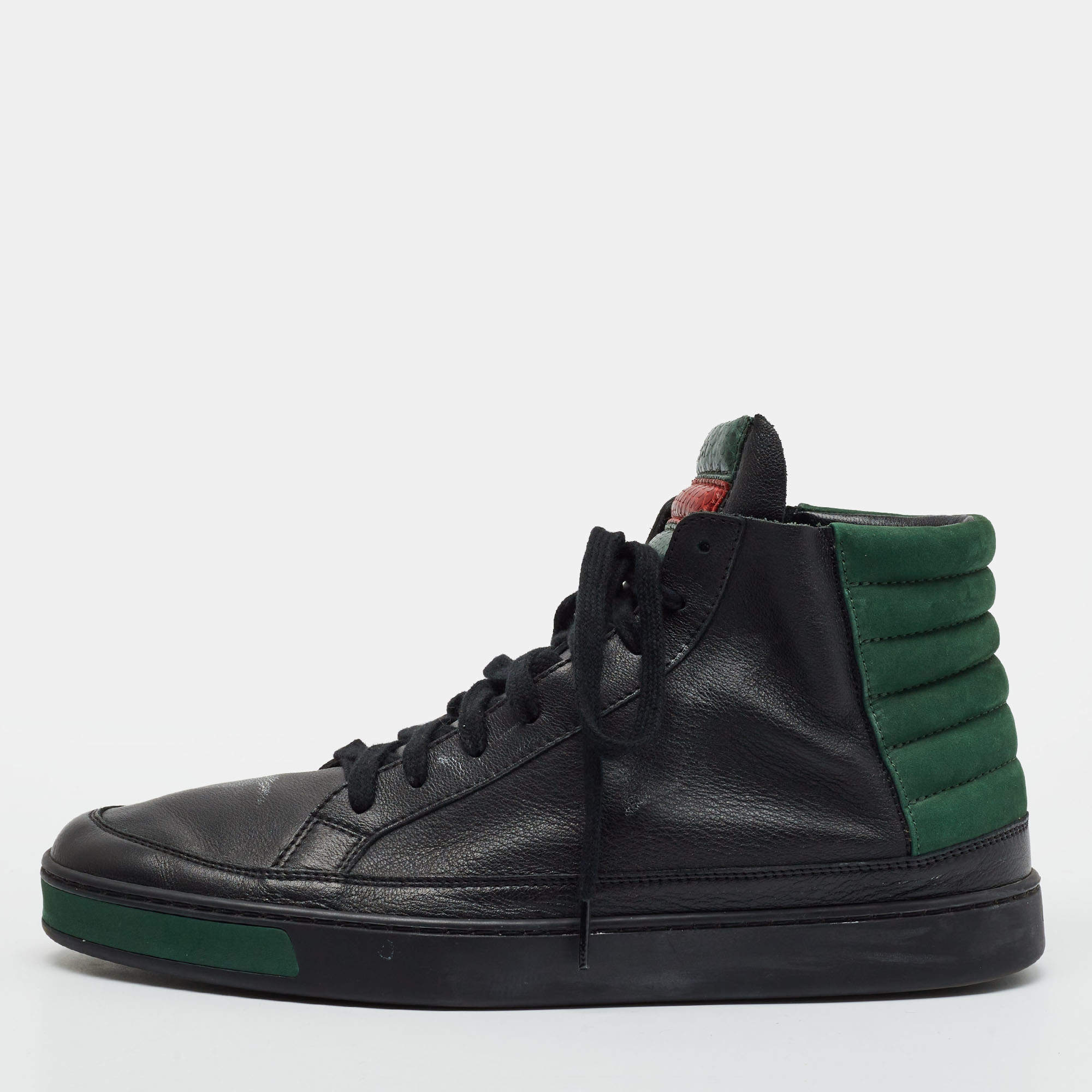 Pre Owned Gucci Size 42.5 Black/Green Leather and Nubuck Leather High Top Sneakers