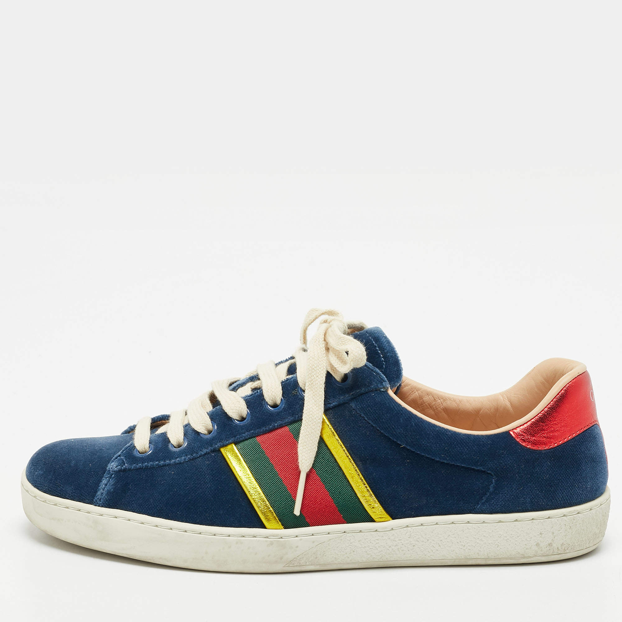 Pre Owned Gucci Ace Size 40.5 Blue Leather and Velvet Web Detail Lace Up Sneakers