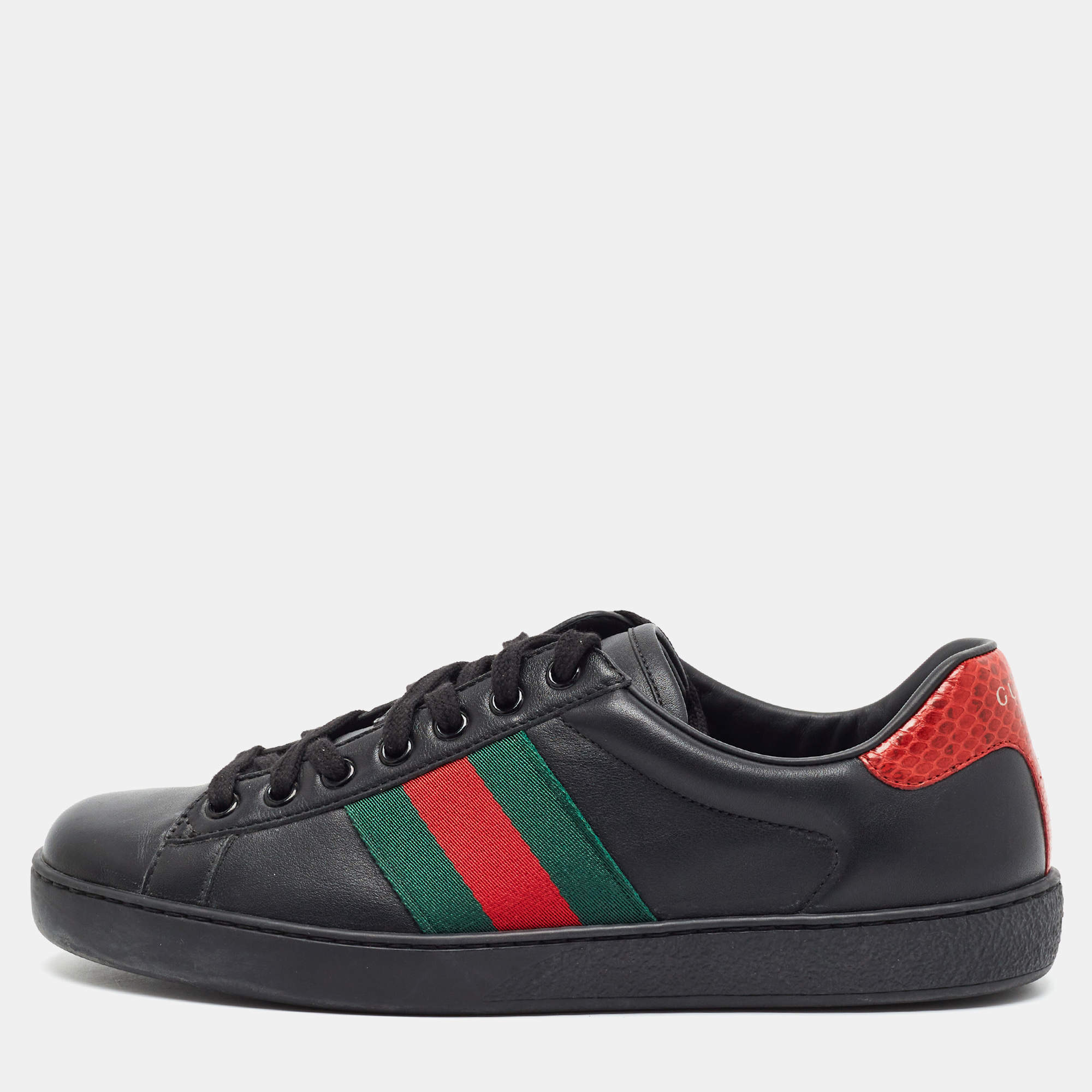 Pre Owned Gucci Ace Size 40 Black/Red Leather and Python Embossed Web Low Top Sneakers