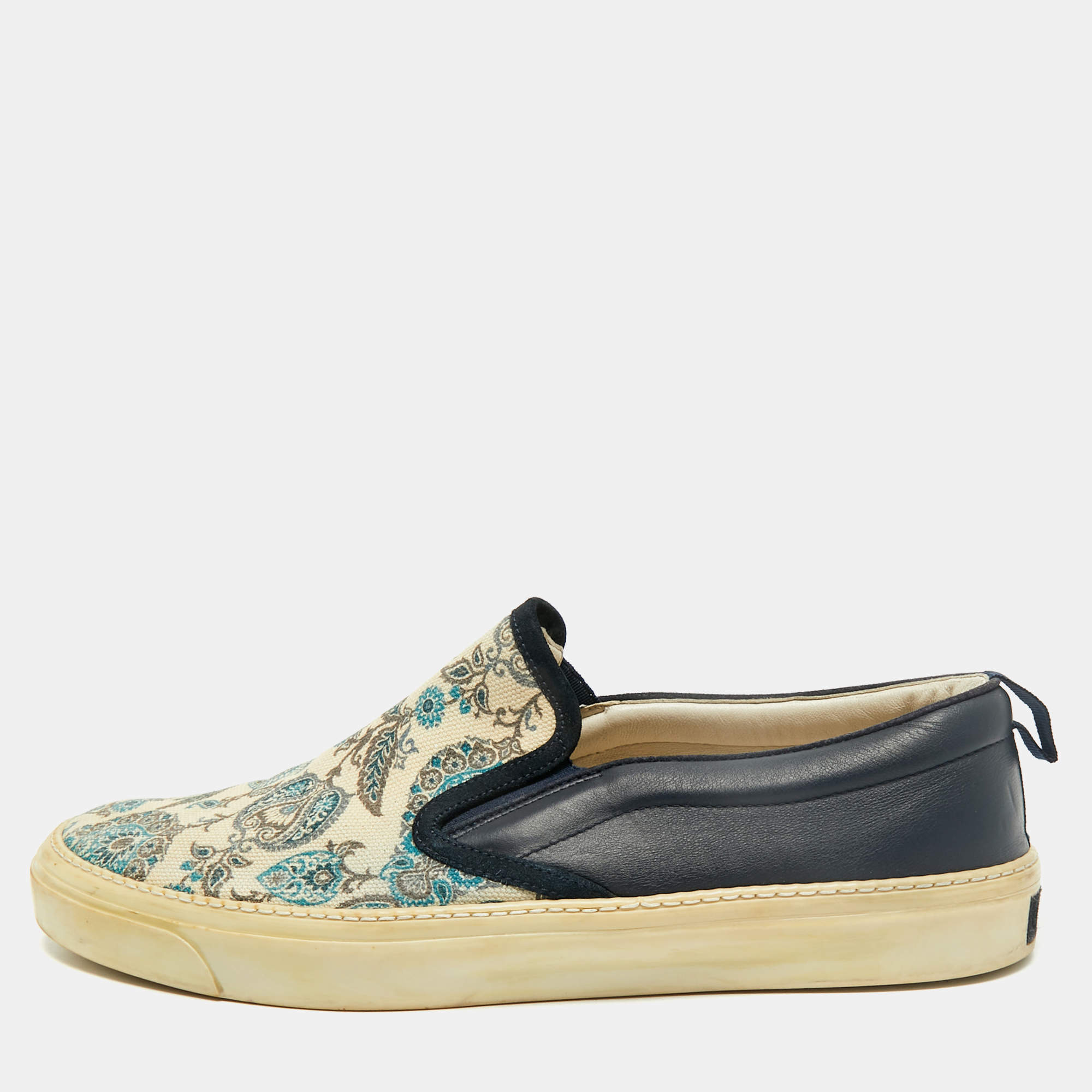 Pre Owned Gucci Rhombus Size 45.5 Navy Blue/White Canvas and Leather Slip On Sneakers