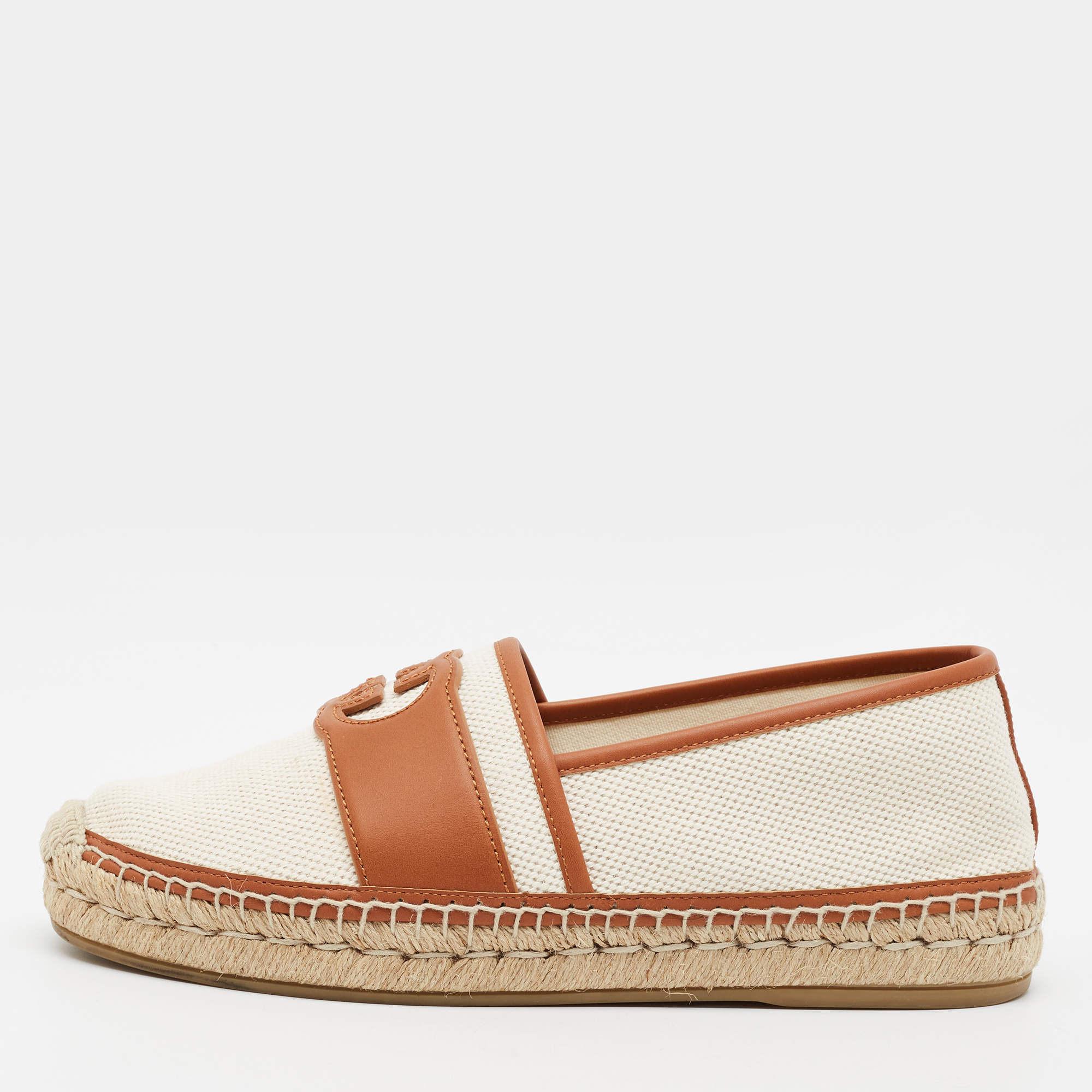 Pre Owned Gucci Interlocking GG Size 41.5 Brown/Cream Canvas and Leather Slip On Espadrille