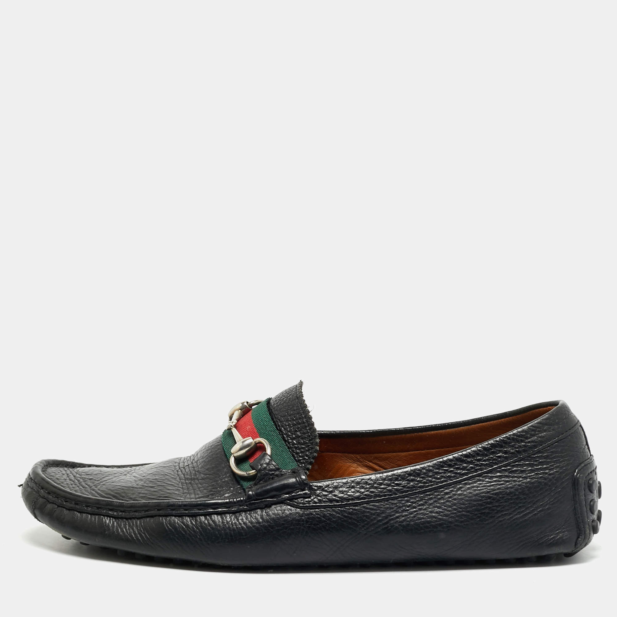 Pre Owned Gucci Horsebit Size 44.5 Black Leather Driver Loafers
