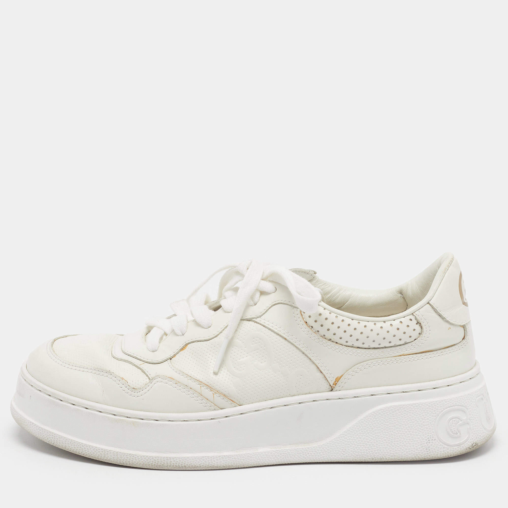 Pre Owned Gucci GG Size 40.5 White Leather Chunky Lace Up Sneakers
