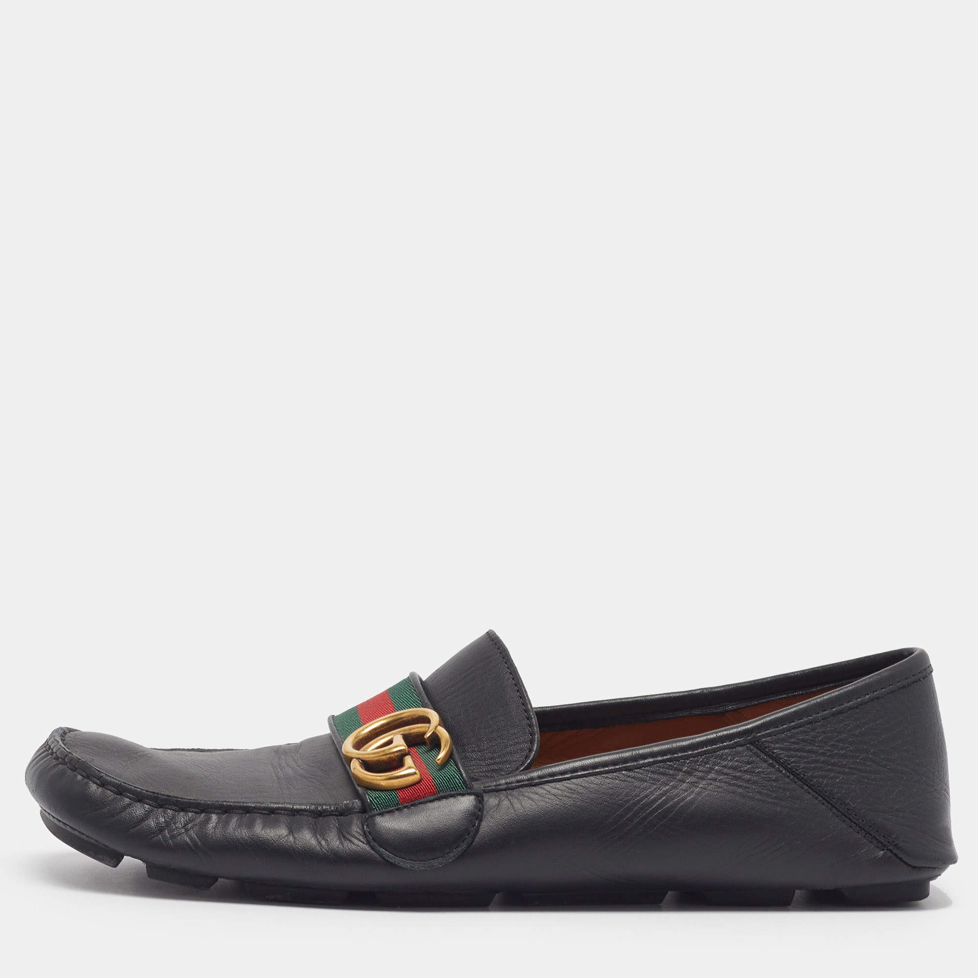 مملوكة مسبقًا Gucci GG Web Size 42.5 Black Leather Driver Loafers