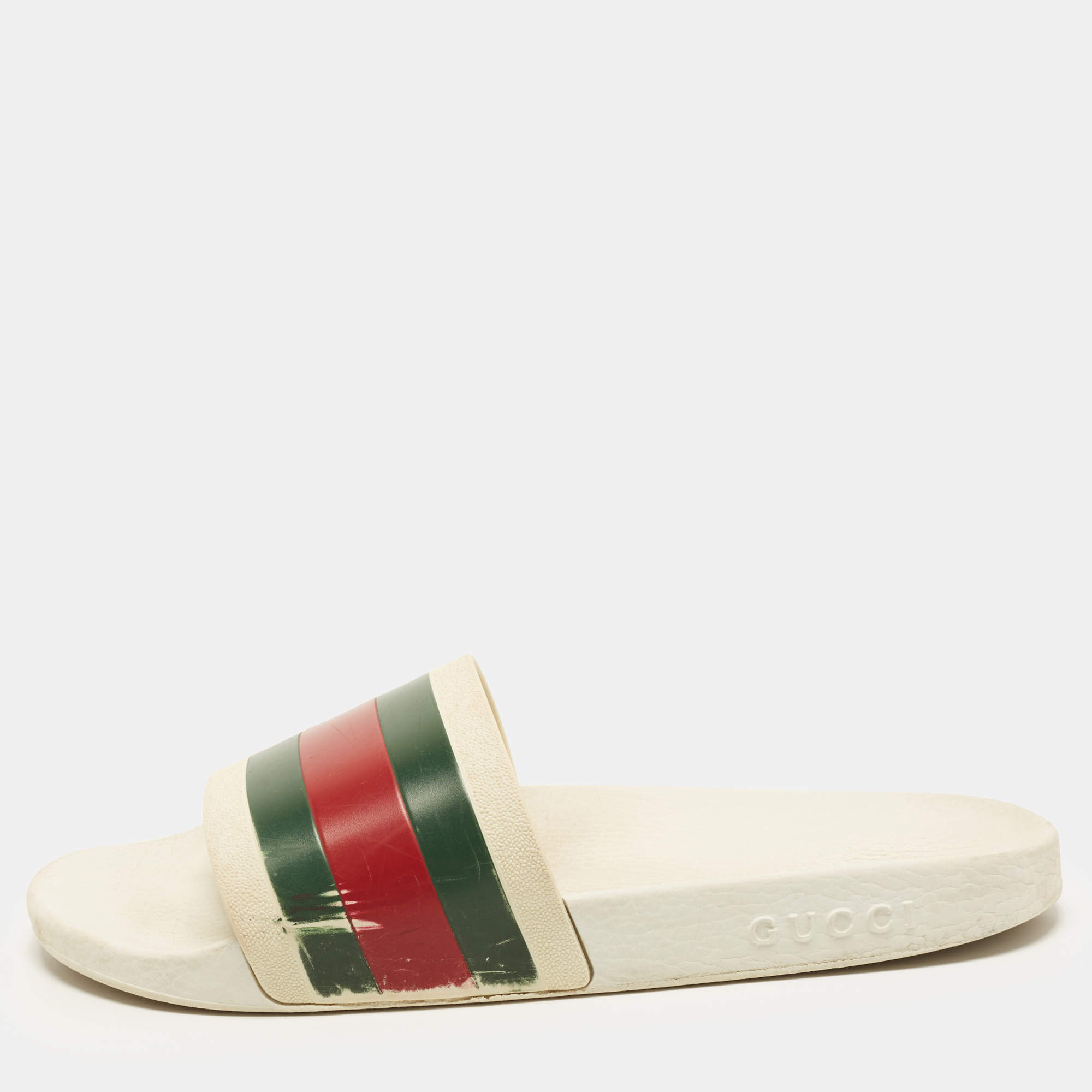 مملوكة مسبقًا Gucci Size 45 White Rubber Web Pool Slide