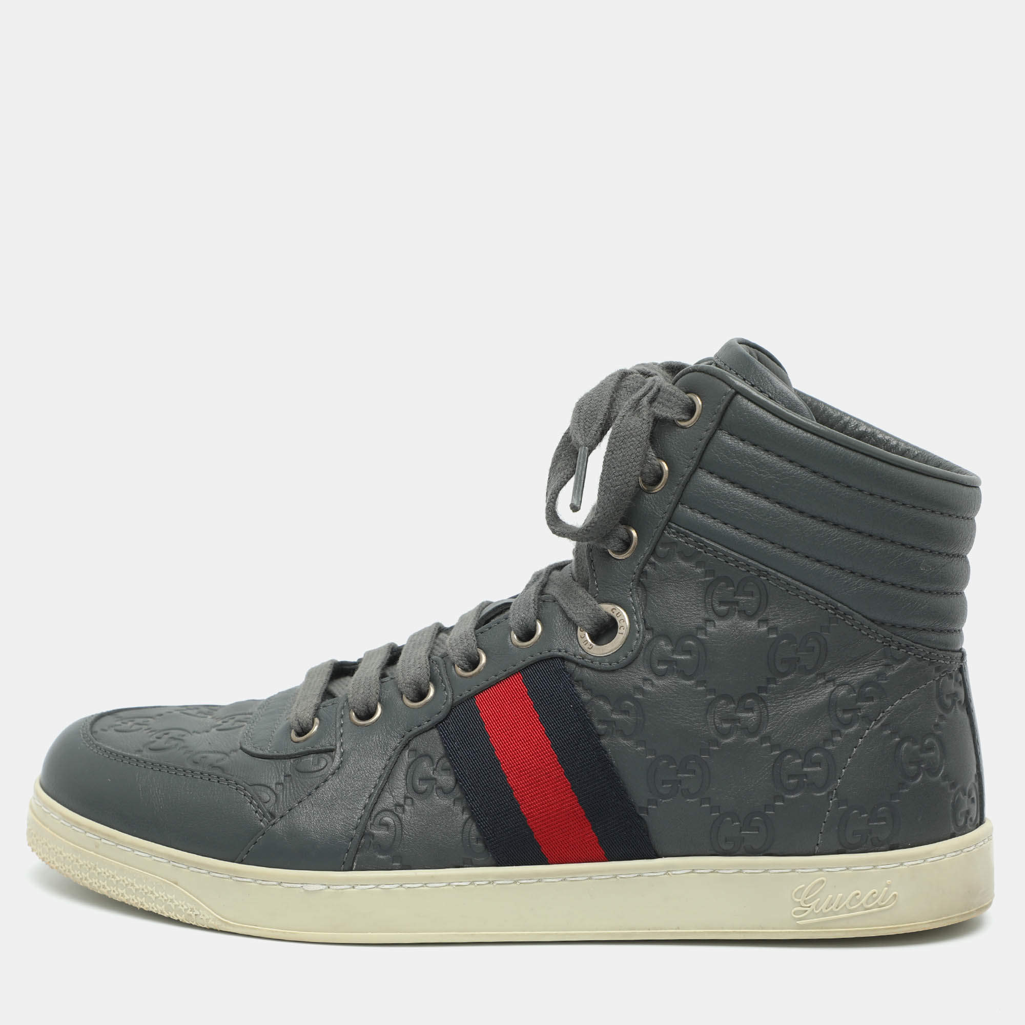 Pre Owned Gucci Size 40.5 Grey Leather High Top Sneakers