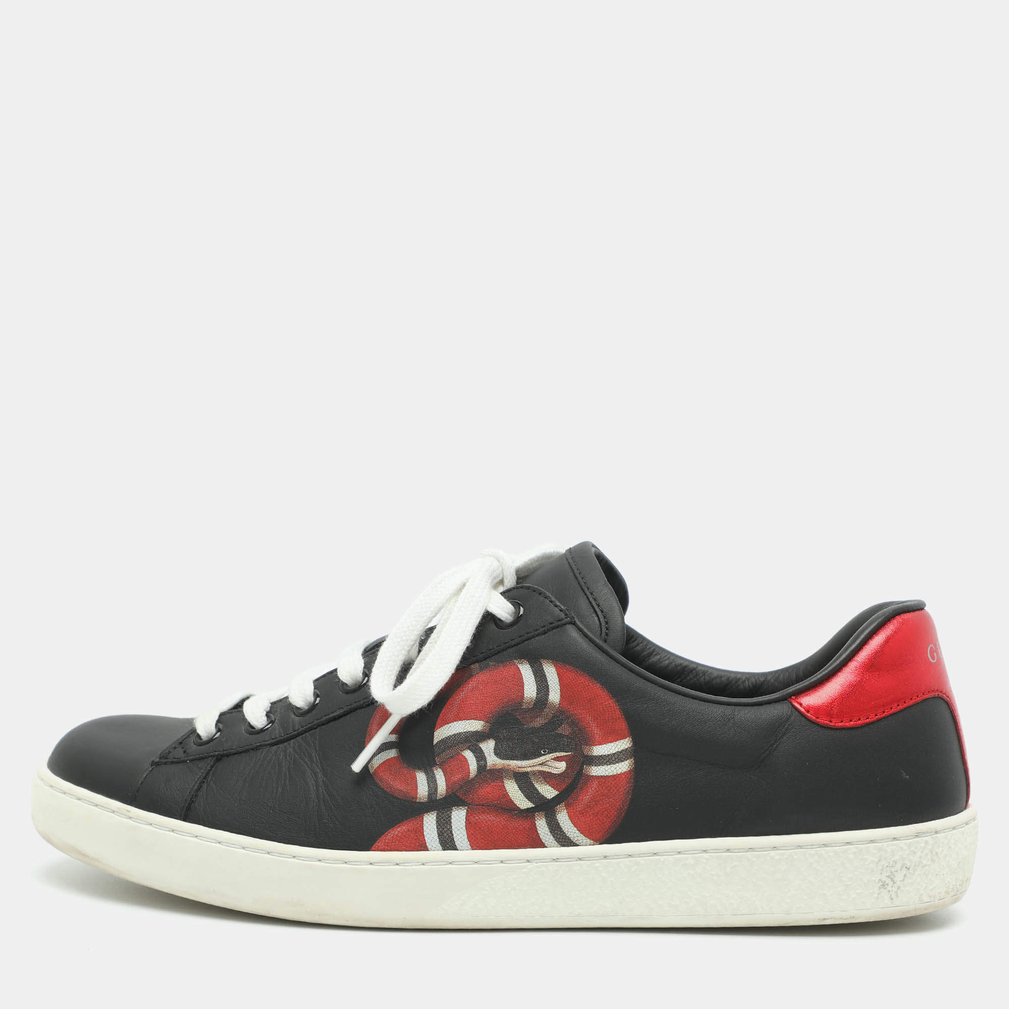 Pre Owned Gucci Ace Size 40 Black Leather Kingsnake Print Low Top Sneakers