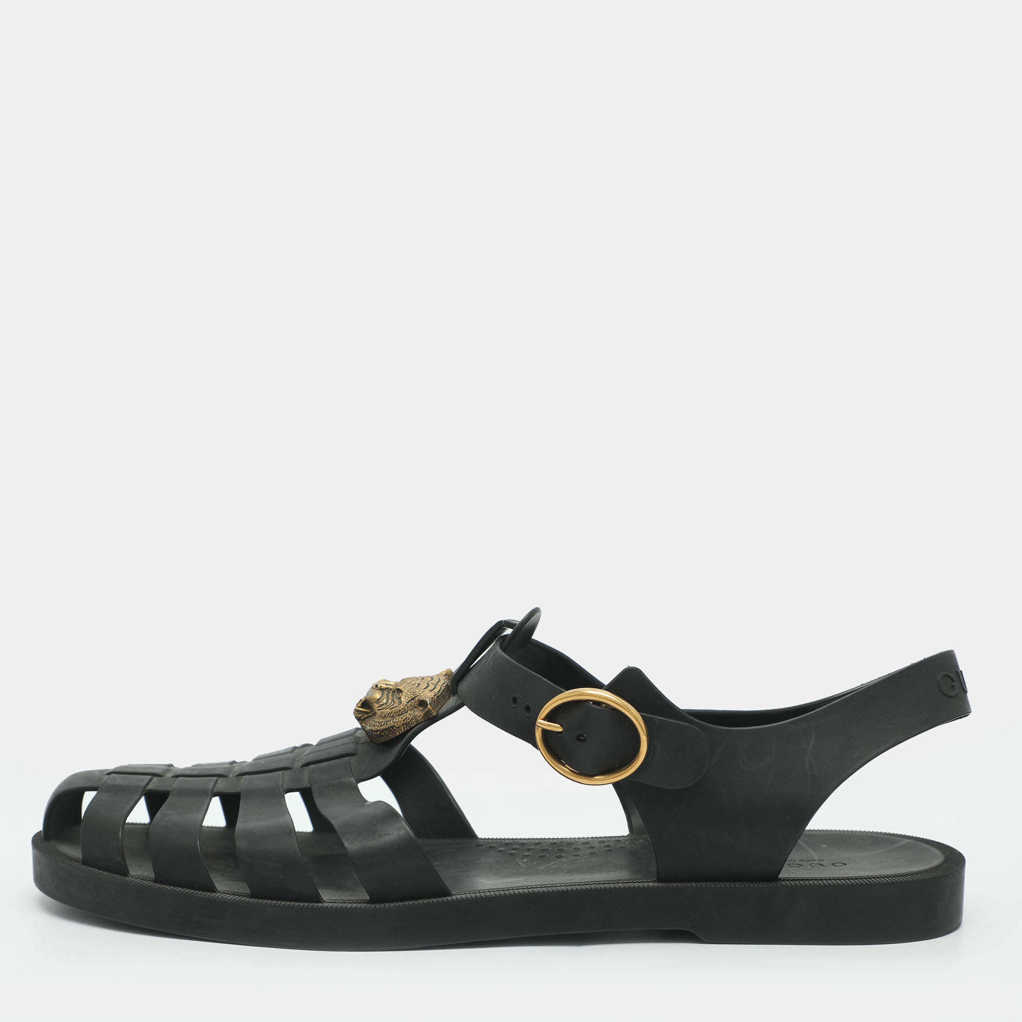 Pre Owned Gucci Double G Size 45 Black Rubber Flat Sandals