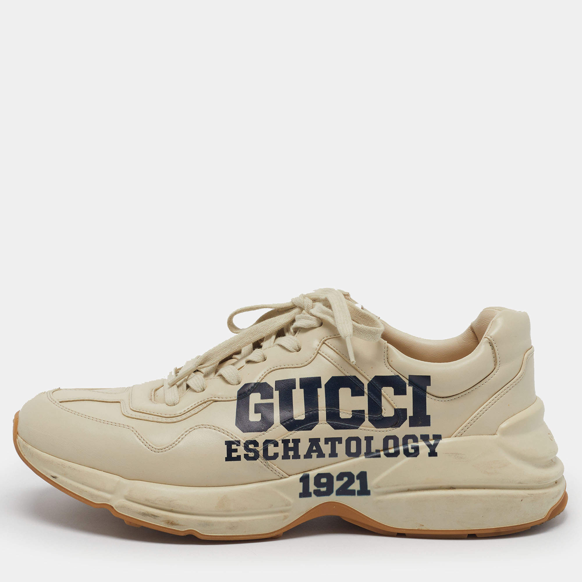 Pre Owned Gucci Rhyton 25 Size 45.5 Cream Leather Low Top Sneakers