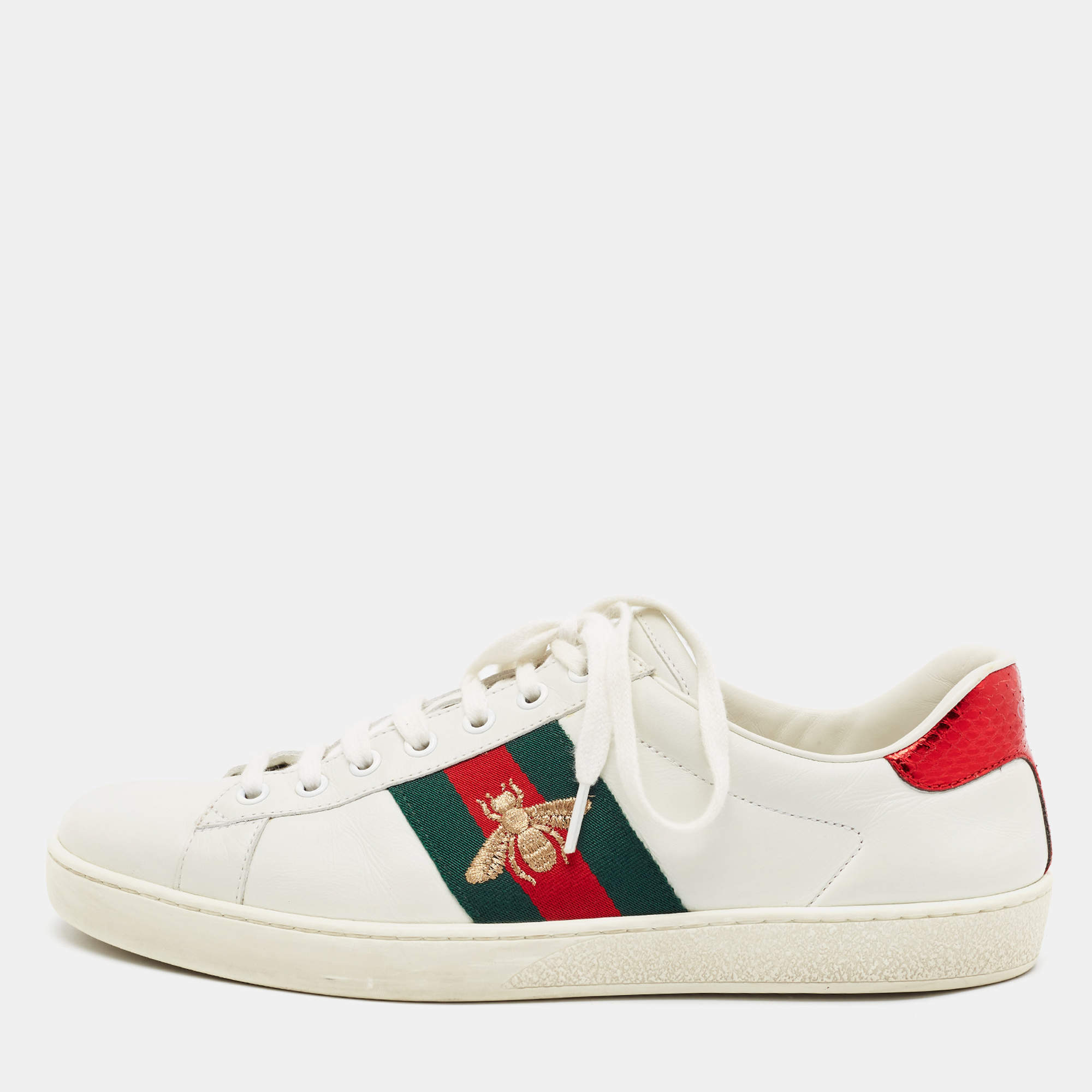 Pre Owned Gucci Ace Size 42 White Leather and Python Embossed Leather Web Bee Lace Up Sneakers