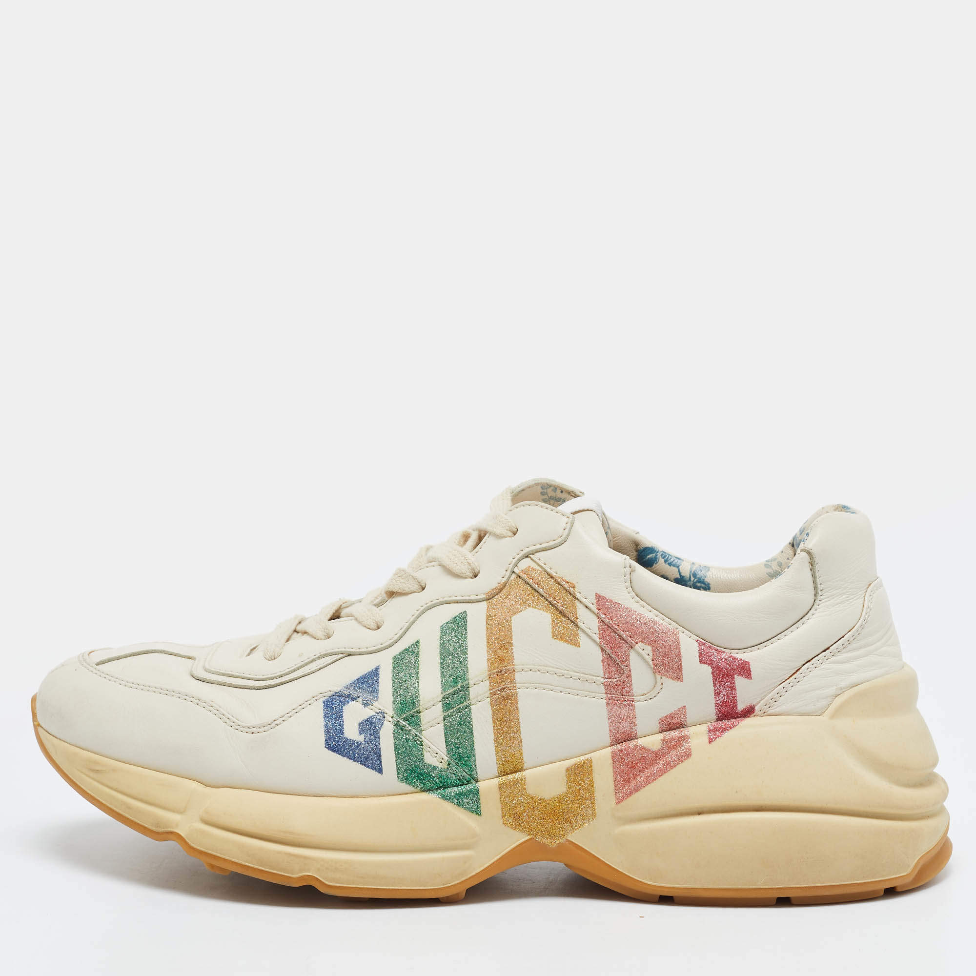 Pre Owned Gucci Rhyton Size 41 Cream Leather Logo Print Lace Up Sneakers