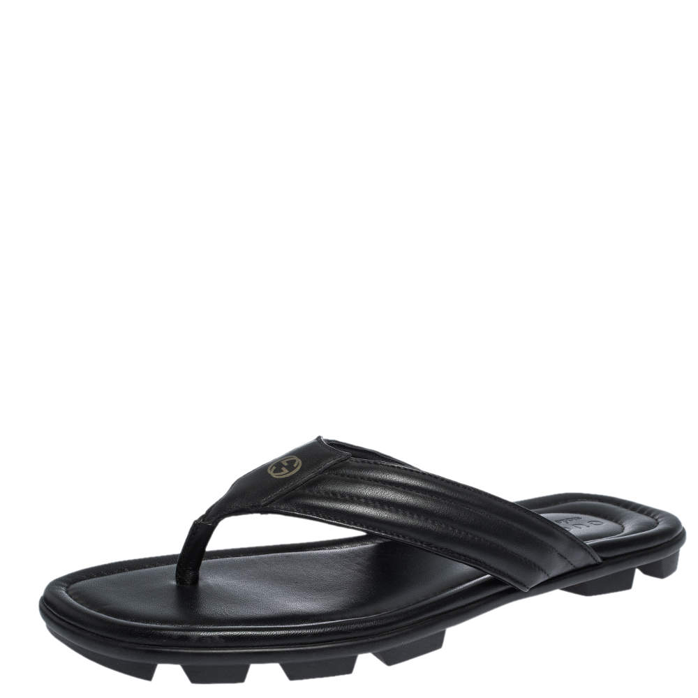 Gucci Black Leather GG Logo Thong Flat Sandals Size 42.5