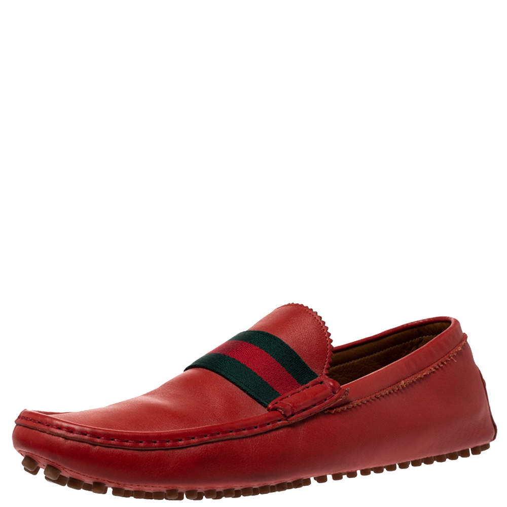 مملوكة مسبقًا Gucci Brick Red Leather Web Detail Loafers Size 45
