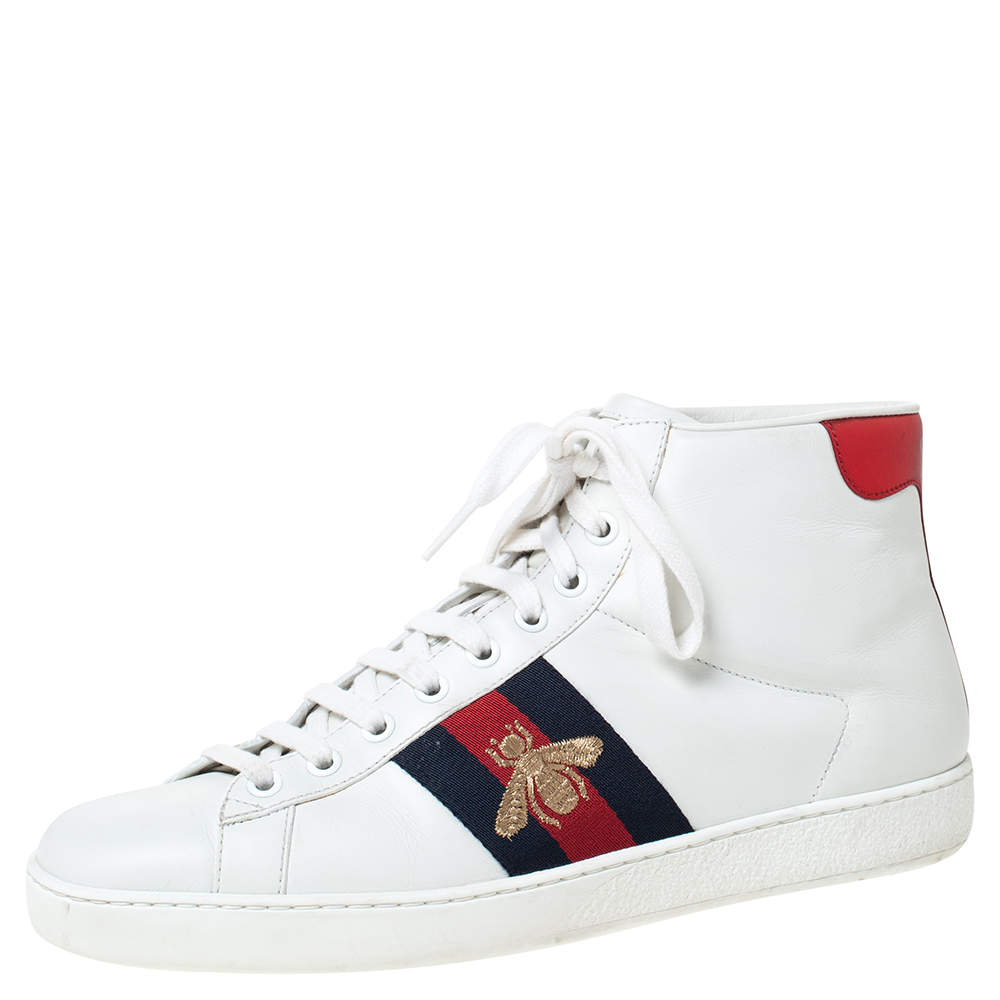 مملوكة مسبقًا Gucci White Leather Ace Web Bee High Top Sneakers Size 40