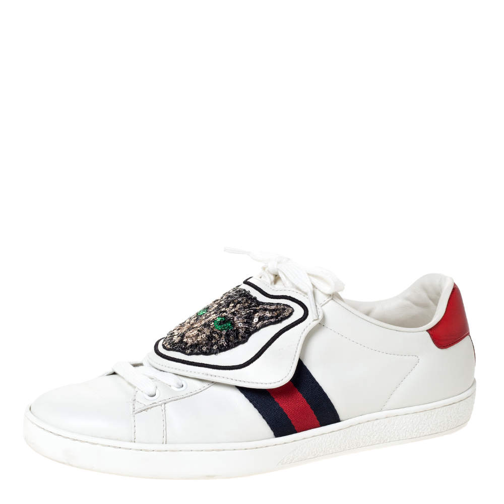 Gucci White Leather Ace Web Low Top Sneakers with Removable Patch Size 41