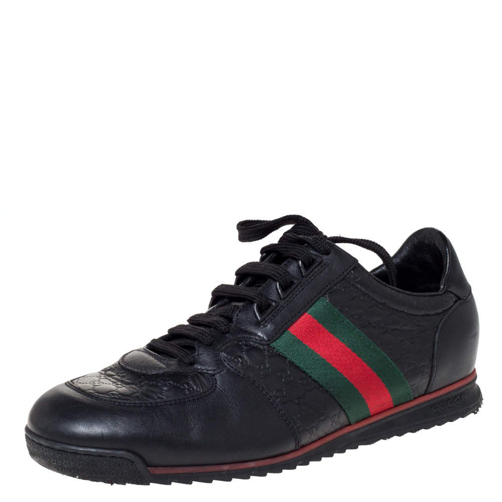 مملوكة مسبقًا Gucci Black Microguccissima Leather Web Low Top Sneakers Size 40.5