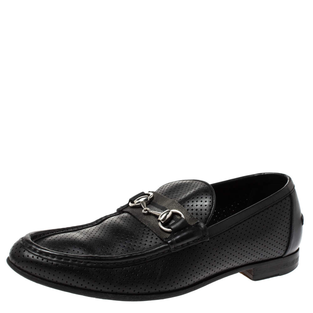 Gucci Black Perforated Leather Horsebit Slip On Loafers Size 45
