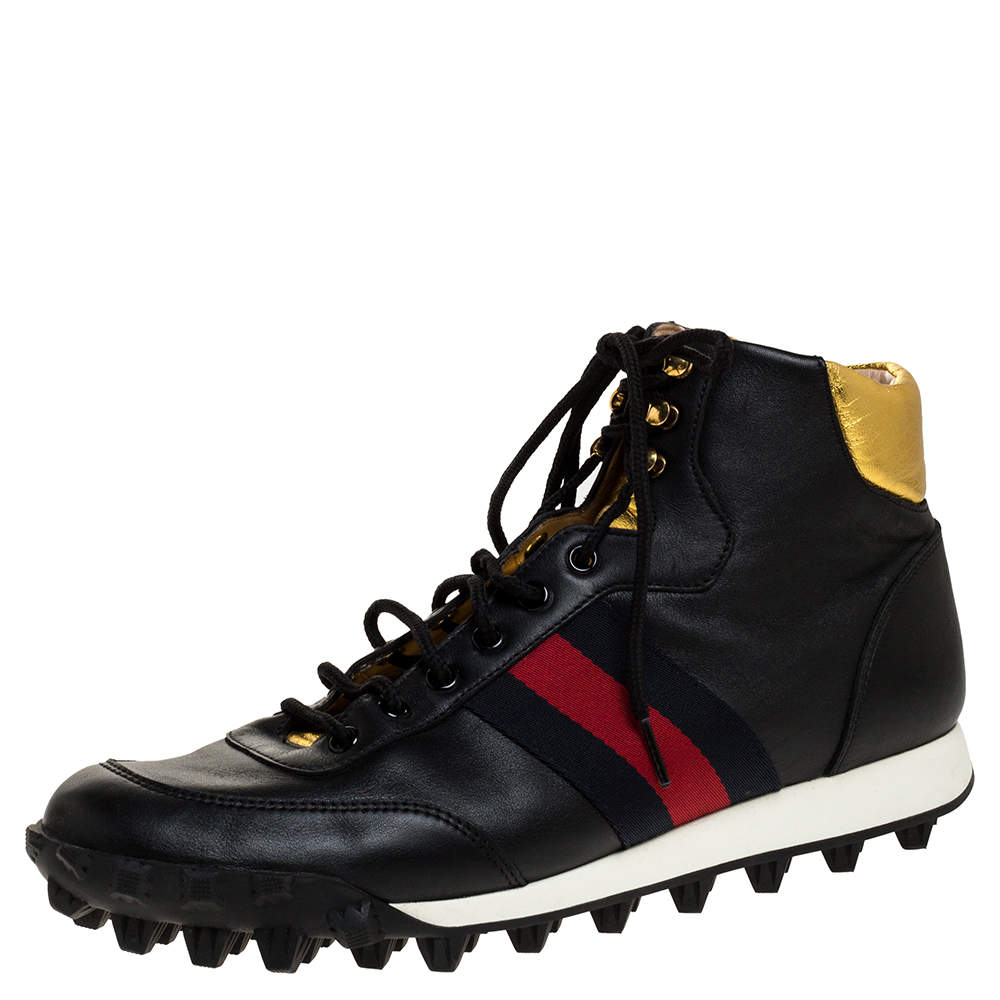 Gucci Black Leather Web Detail High Top Sneakers Size 42
