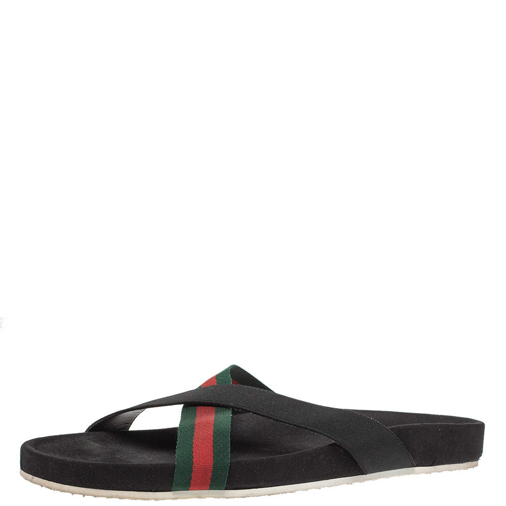 مملوكة مسبقًا Gucci Black Elastic And Web Cross Strap Slide Sandals Size 46.5