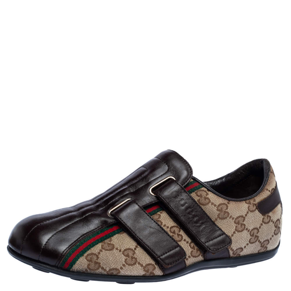 Gucci Dark Brown Guccisima Canvas and Leather Velcro Sneakers Size 39.5