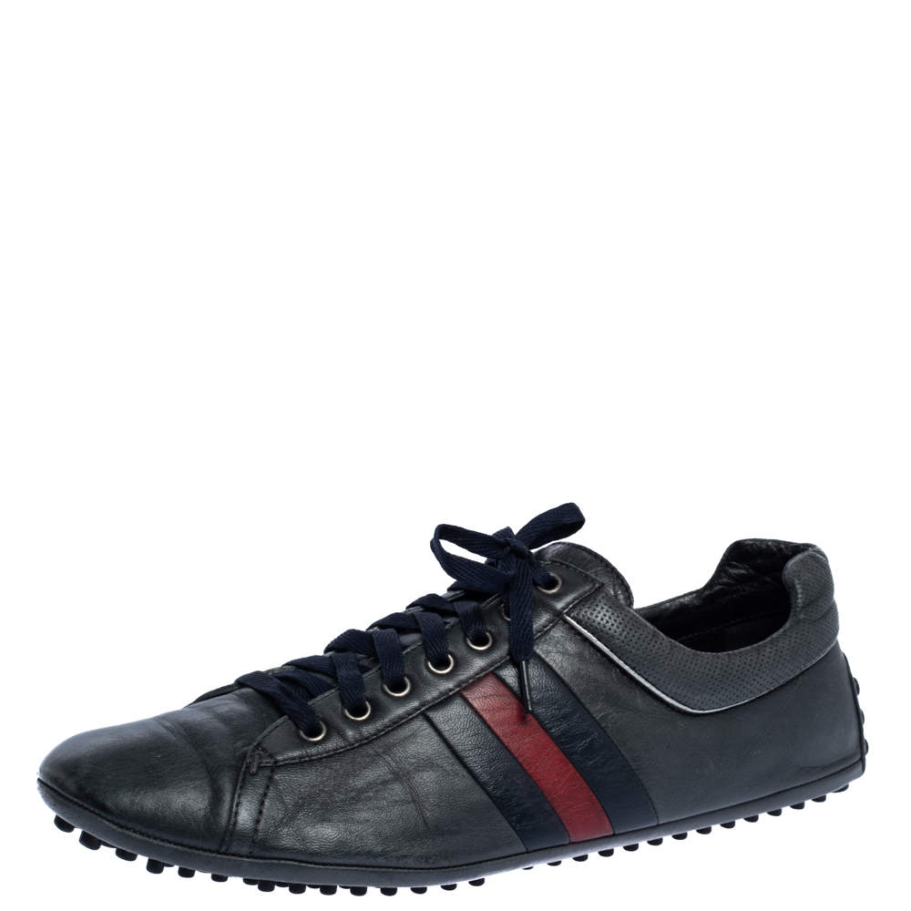 Gucci Black Leather Perforated Detail Web Low Top Sneakers Size 44