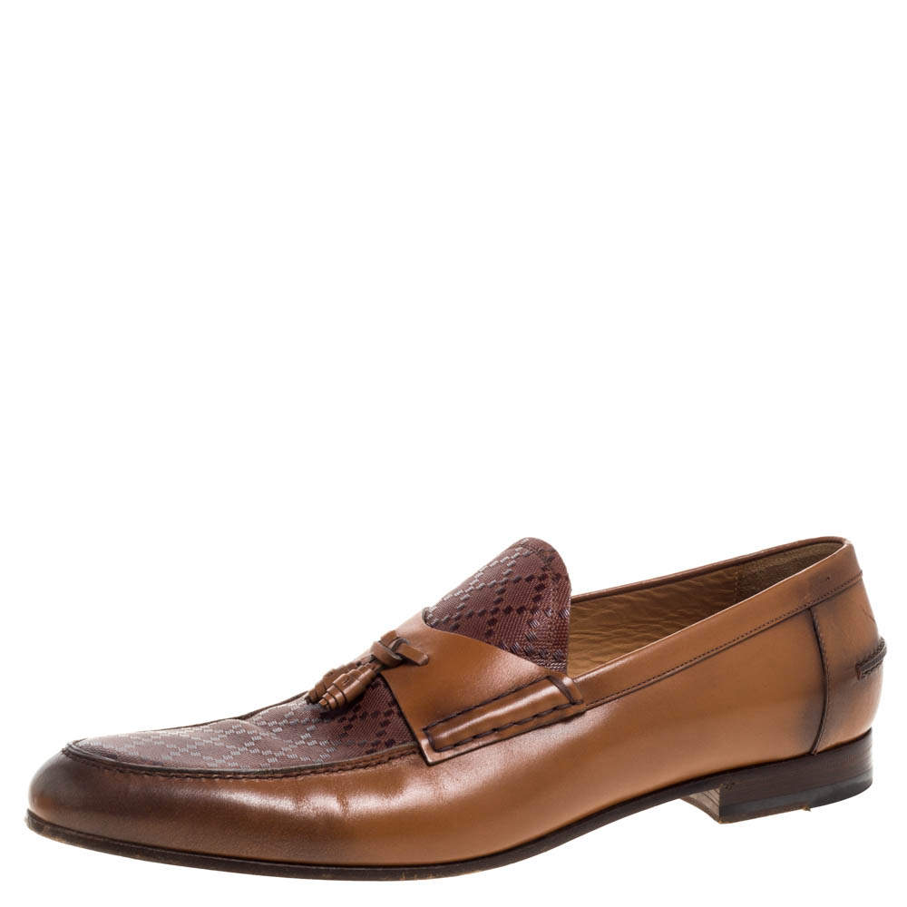 مملوكة مسبقًا حذاء لوفرز غوتشي تفاصيل ديامنت جلد لامع بني مقاس 44.5