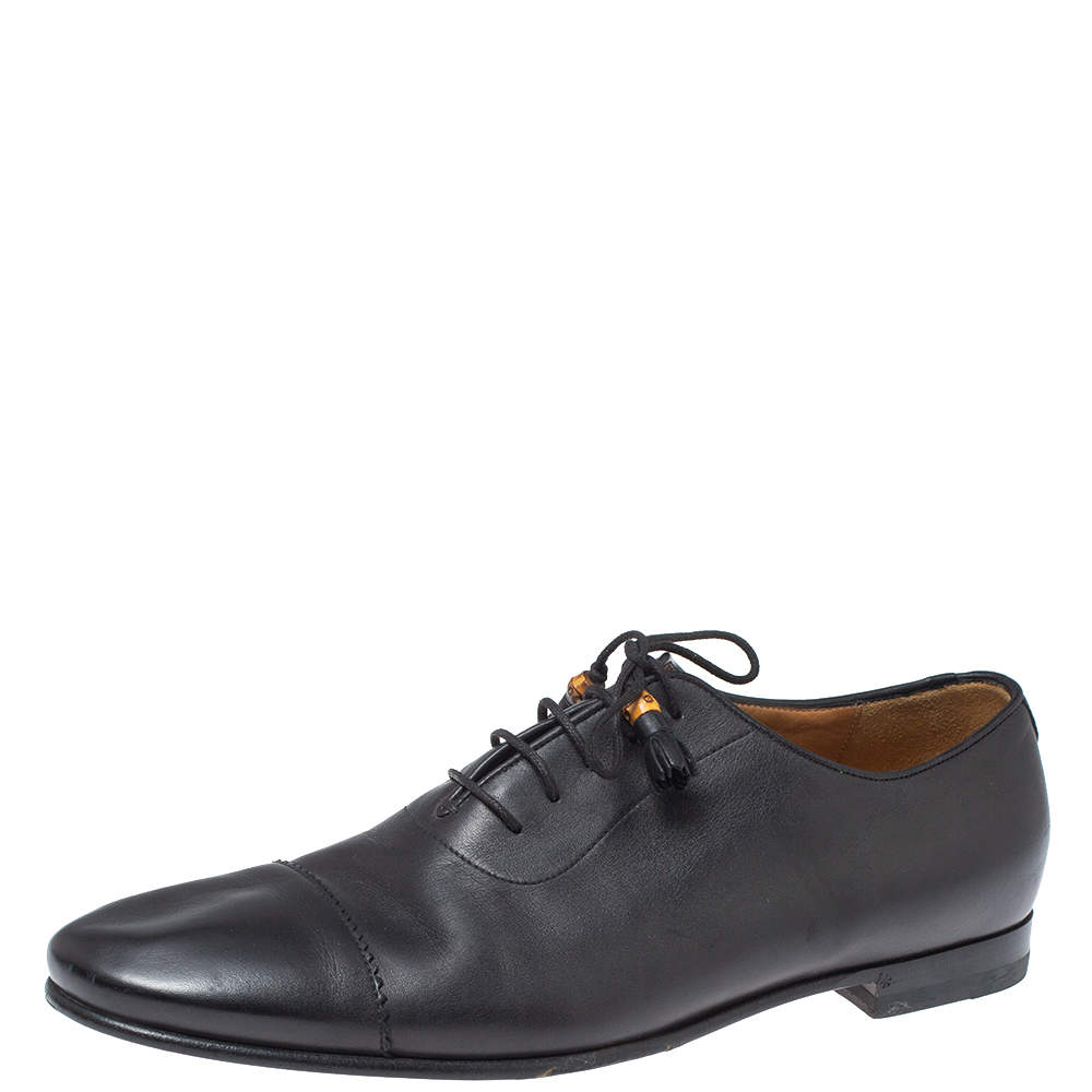 Pre Owned Gucci Black Leather Bamboo Tassel Lace Up Oxfords Size 43