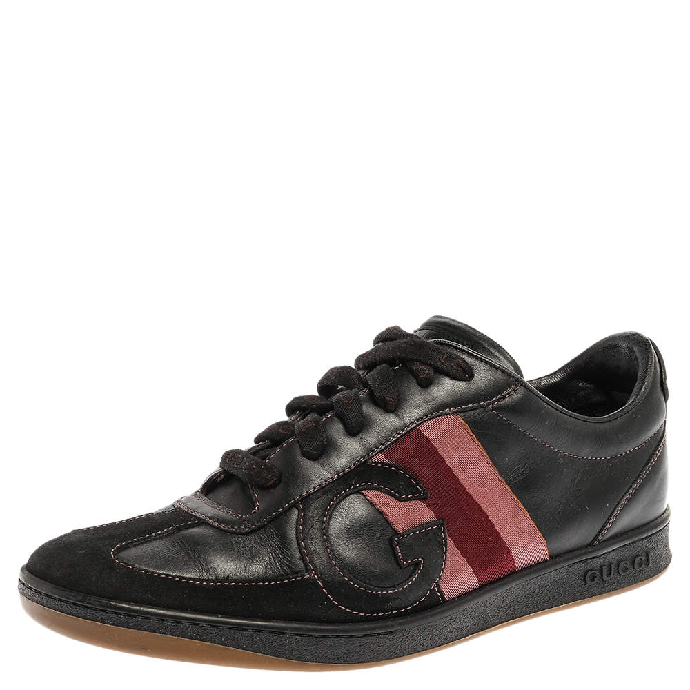 Gucci Black Leather and Suede Web G Low Top Sneakers Size 41.5