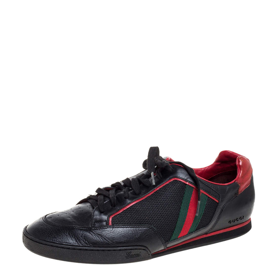 Gucci Black/Red Mesh Fabric and Leather Tennis Web Low Top Sneakers Size 45 Gucci | TLC