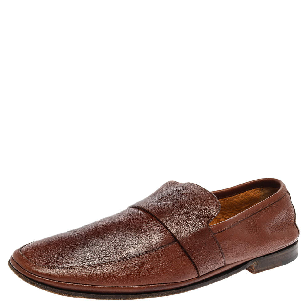 Pre Owned Gucci Brown Leather Hysteria Crest Slip On Loafers Size 43.5 