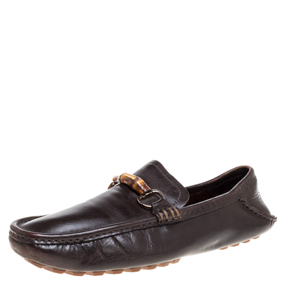 Gucci Dark Brown Leather Bamboo Horsebit Loafers Size 42.5