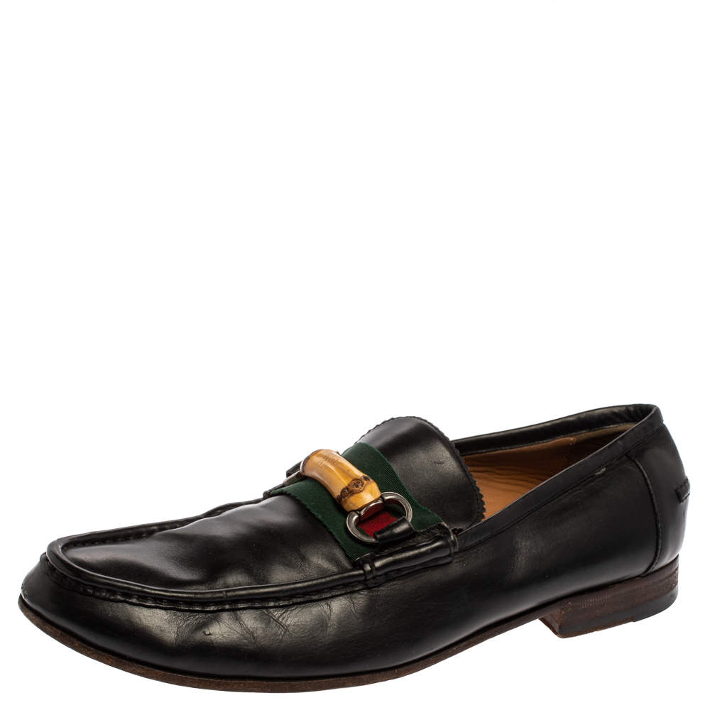 مملوكة مسبقًا Gucci Black Leather Bamboo Horsebit Web Slip On Loafers Size 42