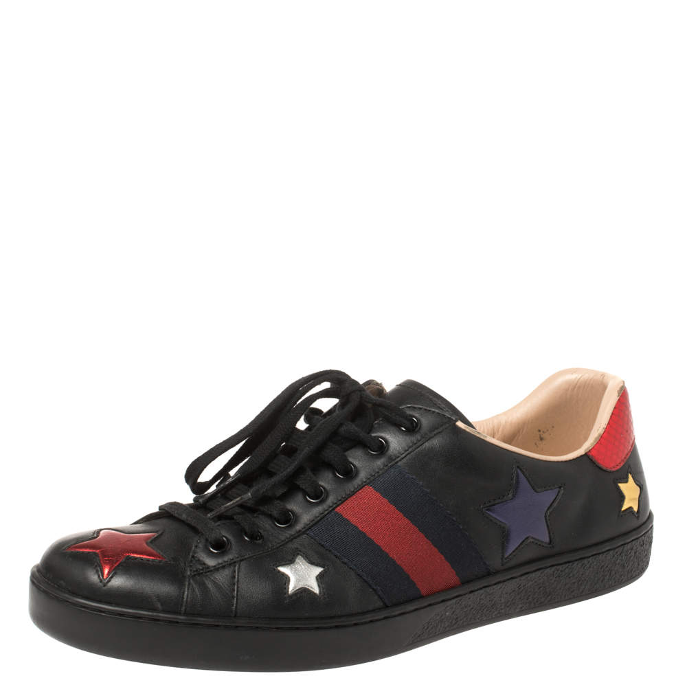 Pre Owned Gucci Black Leather Ace Metallic Stars Low Top Sneakers Size 43
