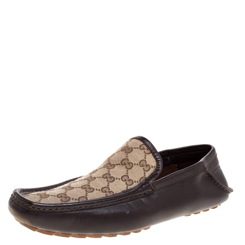 Pre Owned Gucci Brown Leather and GG Canvas Loafers Size 43.5
