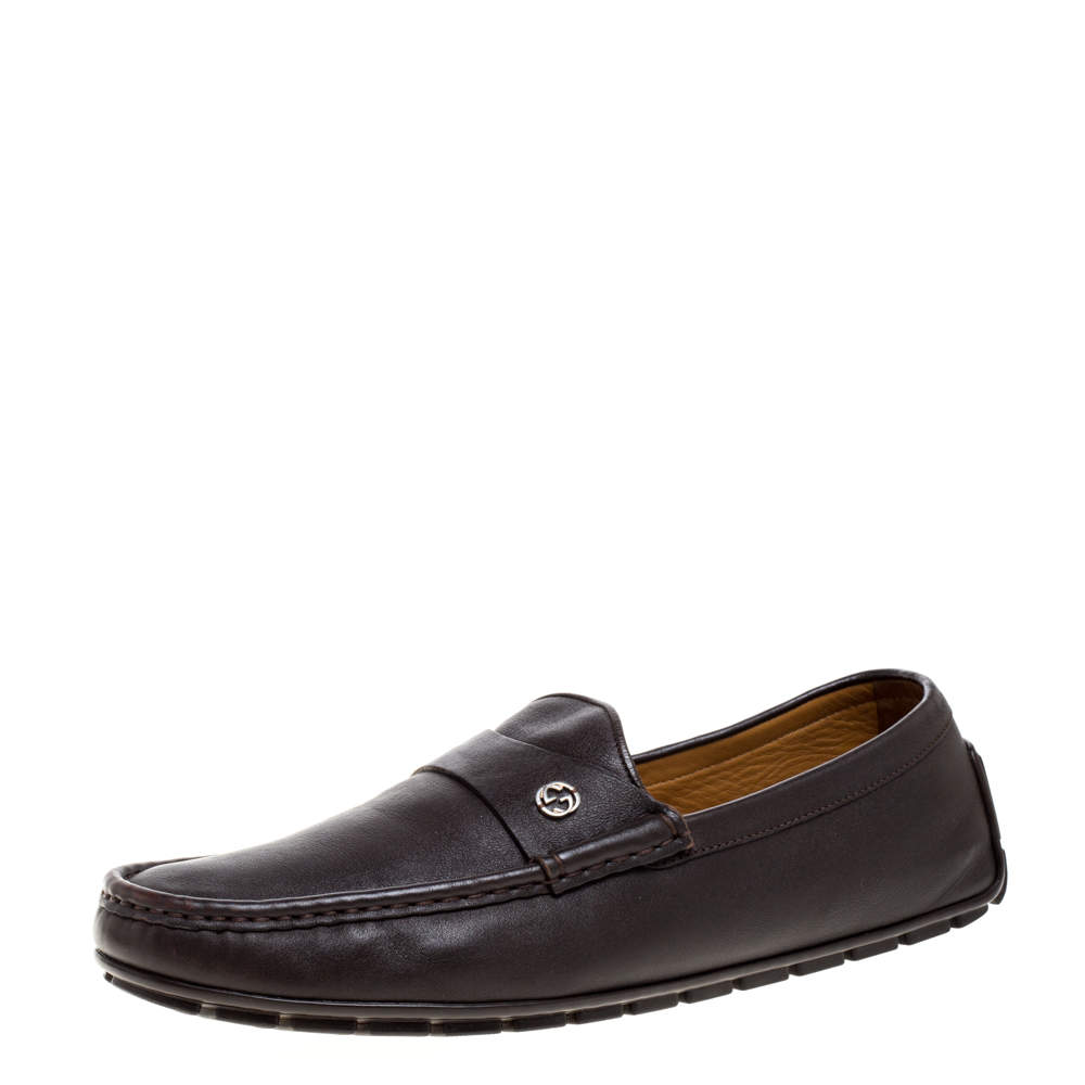 Gucci Dark Brown Leather GG Interlocking Loafers Size 44
