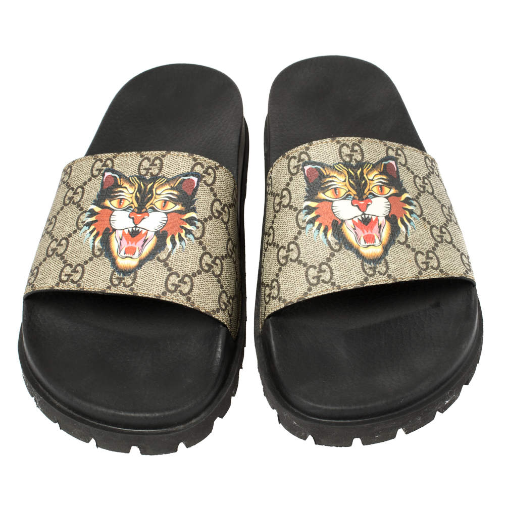 Ru Western zoom Gucci Beige Coated Canvas GG Supreme Angry Cat Slide Sandals Size 45 Gucci  | TLC