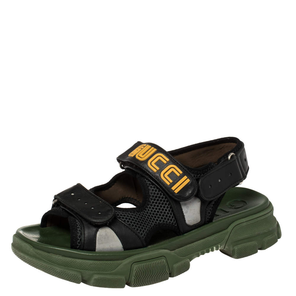 Gucci Black Leather And Mesh Sega Sandals Size 43
