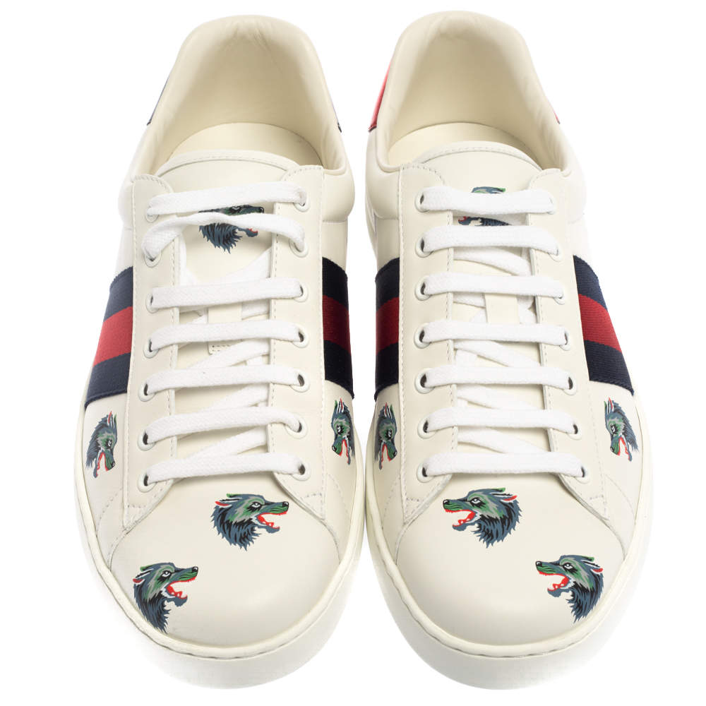 porcelæn Støjende fordrejer Gucci White Leather Ace Wolf Low Top Sneakers Size 44.5 Gucci | TLC