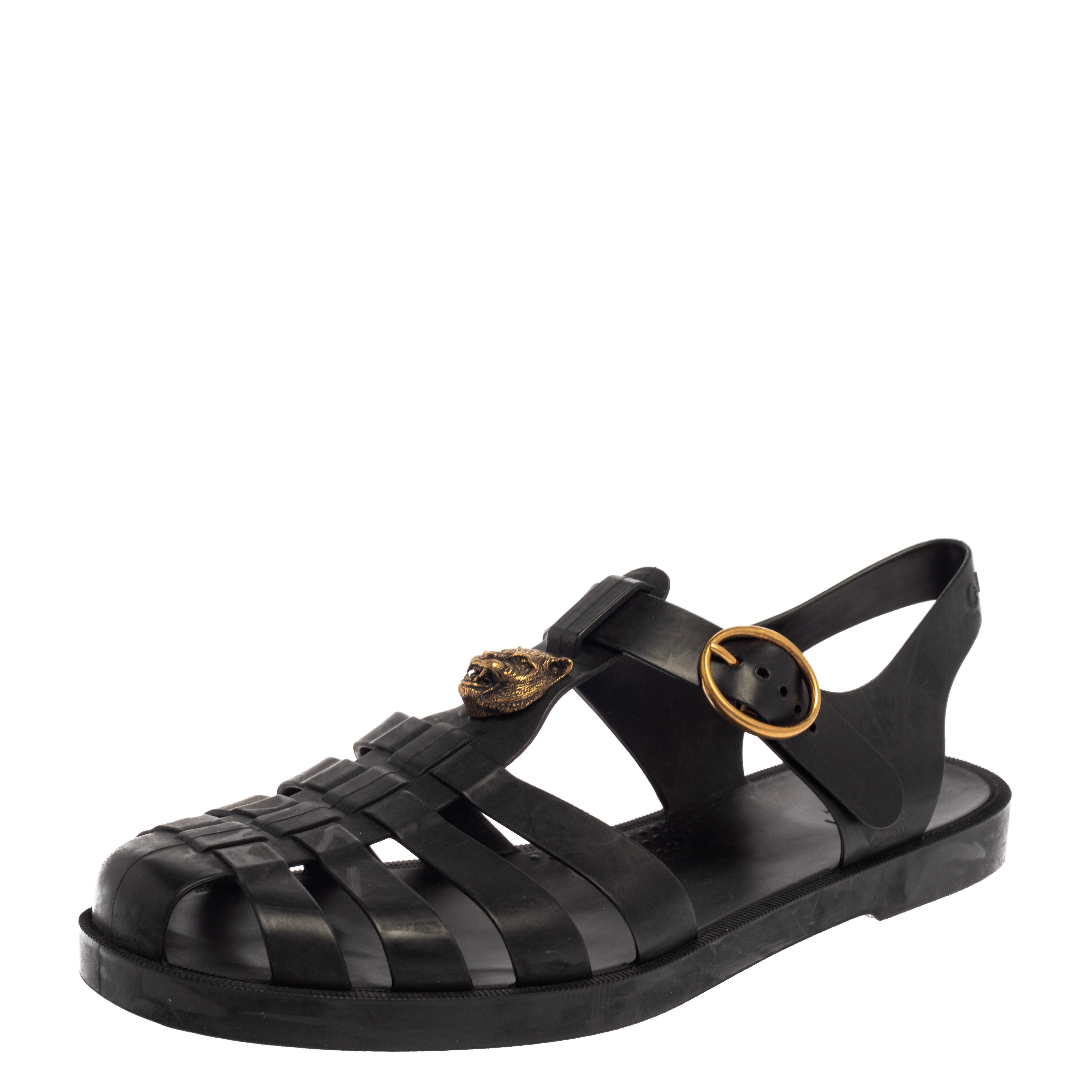 Gucci Black Rubber Marmont and Tiger Embellished Buckle Strap Sandals
