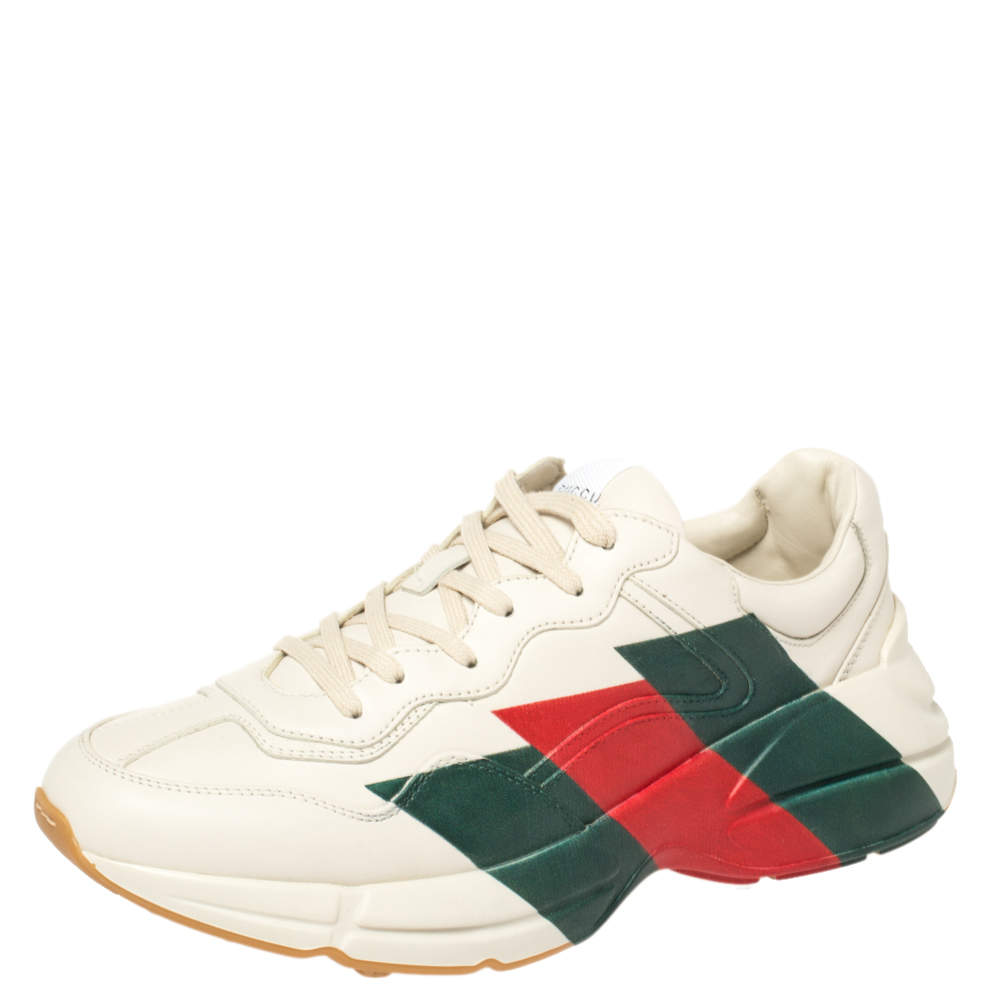 Pre Owned Gucci Cream Leather Web Rhyton Low Top Sneakers Size 42