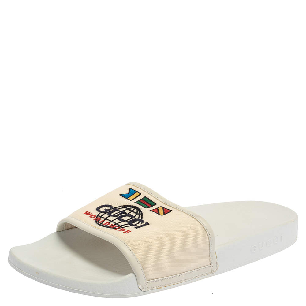 Pre Owned Gucci White Logo Print Canvas Slip On Slides Size 43