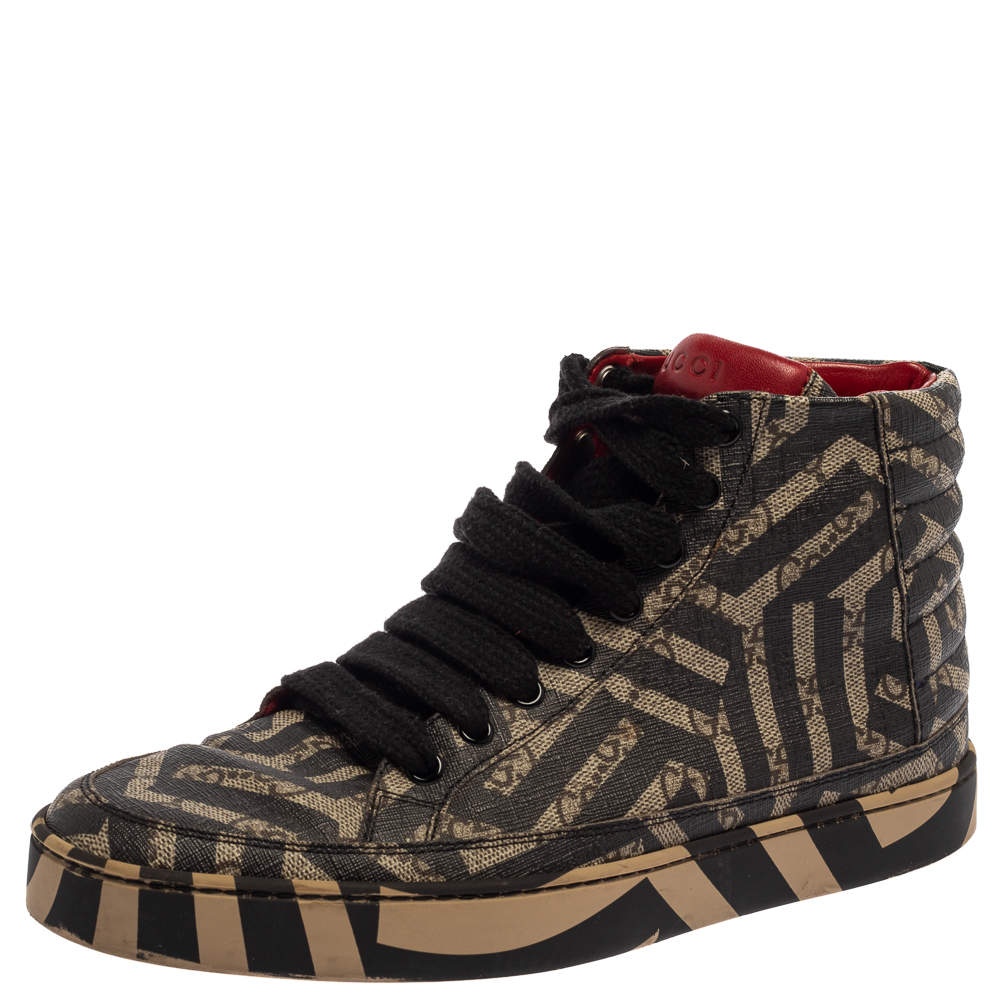 Pre Owned Gucci Beige and Brown Monogram Canvas Caleido High Top Sneakers Size 39 