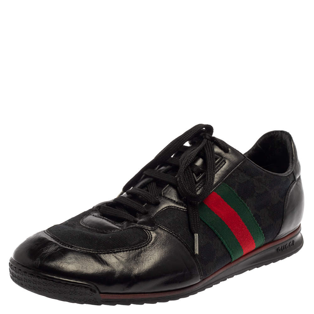 Gucci Black Leather And Canvas Web Detail Lace Up Sneakers Size 43.5