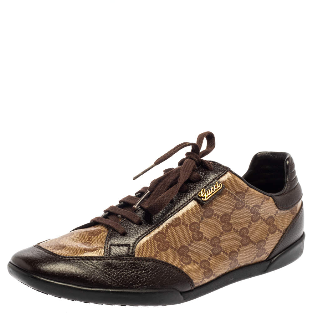 Pre Owned Gucci Brown/Beige GG Crystal Canvas And Leather Low Top Sneakers Size 40