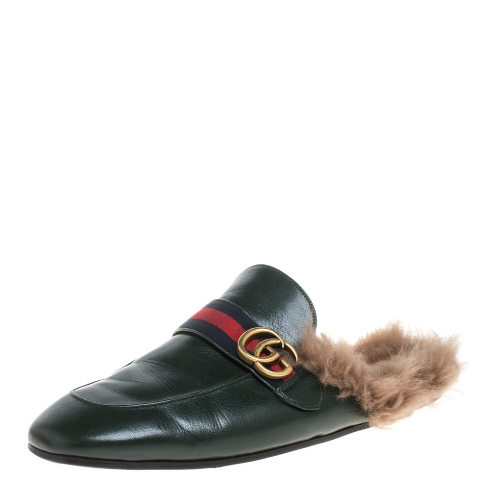 Gucci Green Leather And Fur Lined Princetown GG Web Mules Size 45