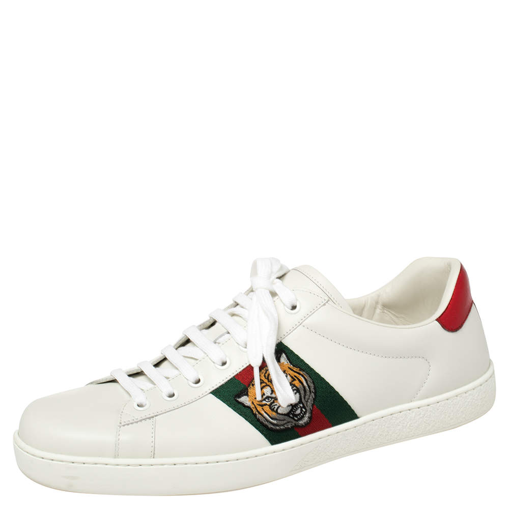 Pre Owned Gucci White Leather And Canvas Ace Embroided Sneakers Size 44.5